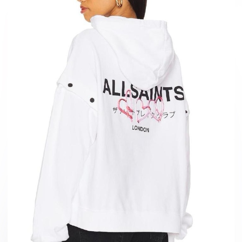 AllSaints Amore Amphie Embroidered Hoodie White Heart Pink Sweatshirt Large